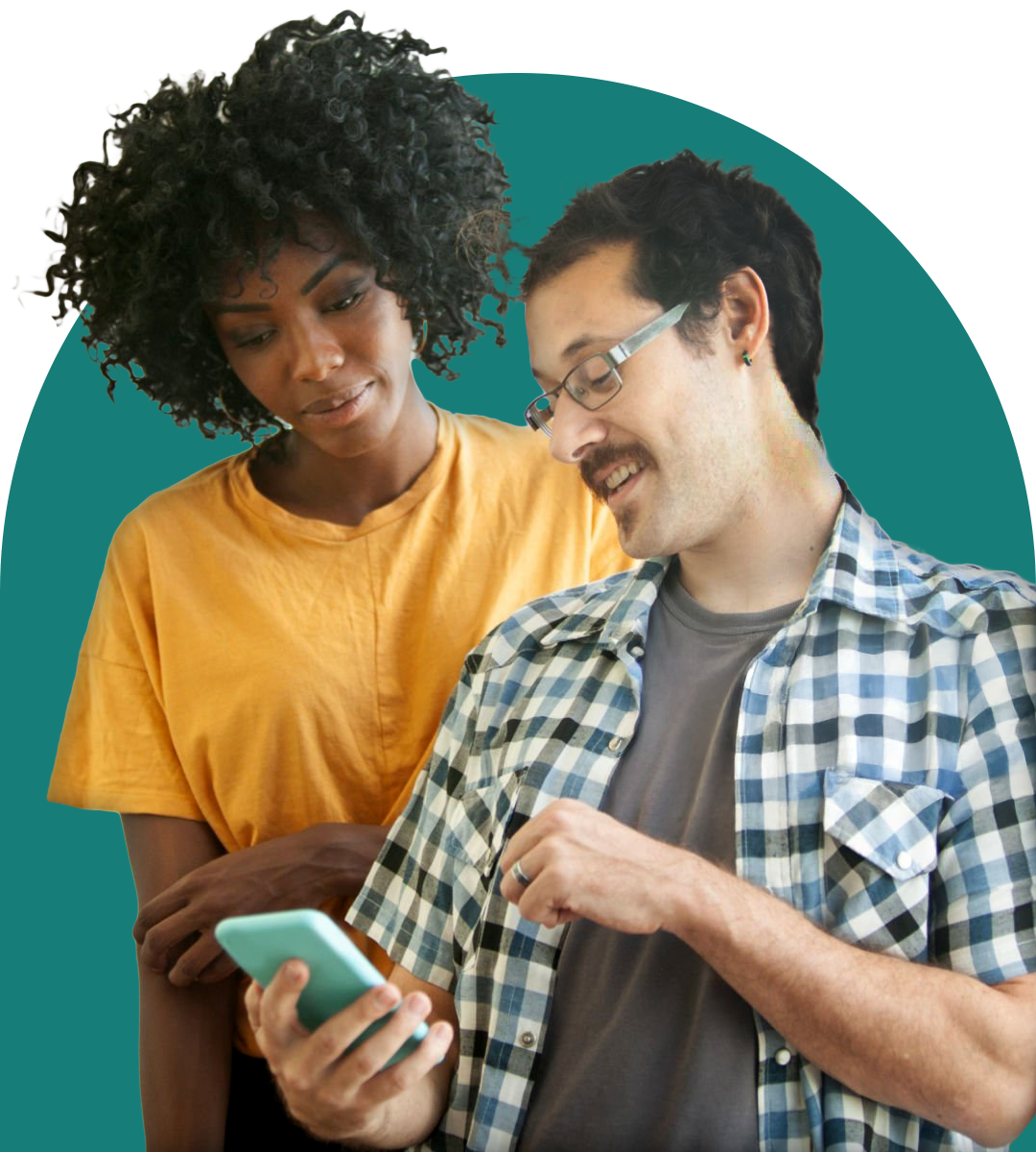 woman-yellow-shirt-looking-over-man-shoulder-wearing-flannel-to-see-phone